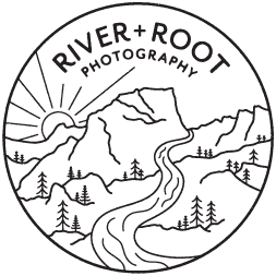 A black single line logo for River and Root photography, contains mountains, trees, and a winding river.